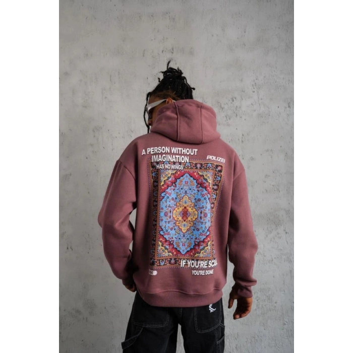 Erkek 3 İplik Pamuklu Kapüşonlu Baskılı Cepli Sweatshirt Hoodie - Gül Kurusu