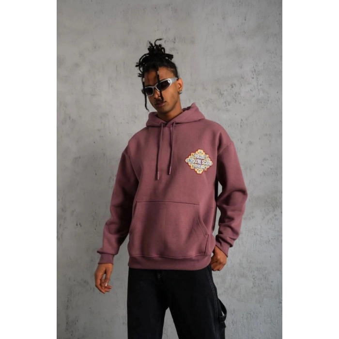 Erkek 3 İplik Pamuklu Kapüşonlu Baskılı Cepli Sweatshirt Hoodie - Gül Kurusu