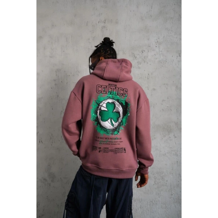 Erkek 3 İplik Pamuklu Kapüşonlu Baskılı Cepli Sweatshirt Hoodie - Gül Kurusu