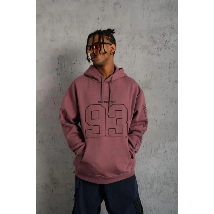 Erkek 3 İplik Pamuklu Kapüşonlu Baskılı Cepli Sweatshirt Hoodie - Gül Kurusu