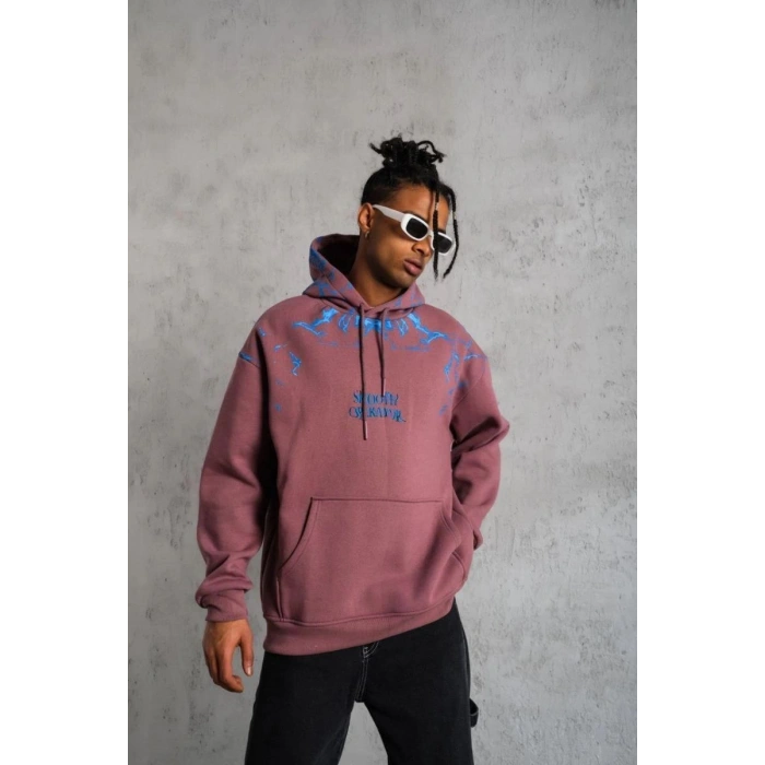 Erkek 3 İplik Pamuklu Kapüşonlu Baskılı Cepli Sweatshirt Hoodie - Gül Kurusu