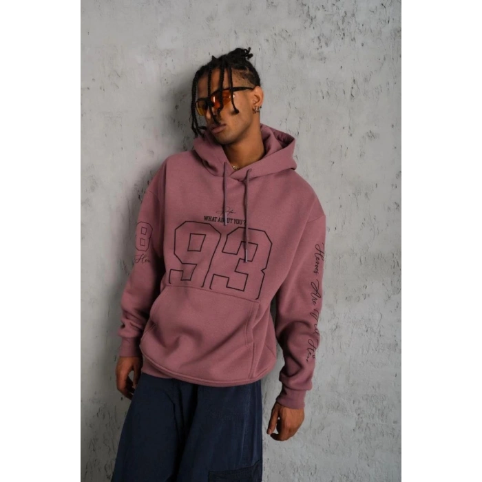 Erkek 3 İplik Pamuklu Kapüşonlu Baskılı Cepli Sweatshirt Hoodie - Gül Kurusu