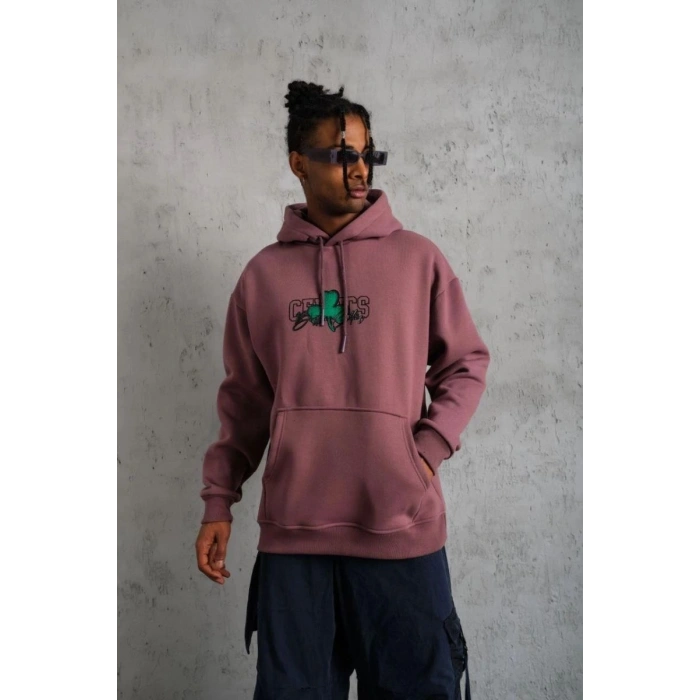 Erkek 3 İplik Pamuklu Kapüşonlu Baskılı Cepli Sweatshirt Hoodie - Gül Kurusu