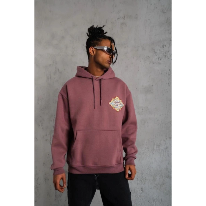 Erkek 3 İplik Pamuklu Kapüşonlu Baskılı Cepli Sweatshirt Hoodie - Gül Kurusu