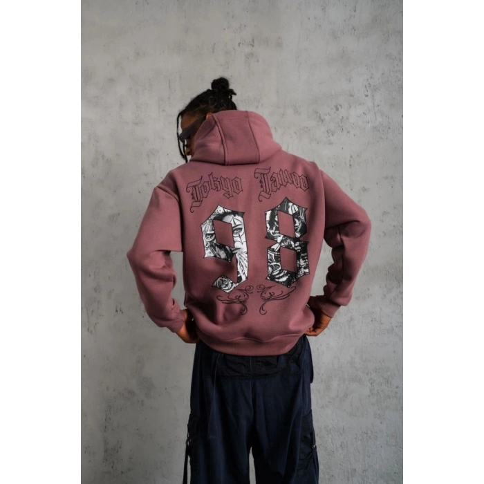 Erkek 3 İplik Pamuklu Kapüşonlu Baskılı Cepli Sweatshirt Hoodie - Gül Kurusu