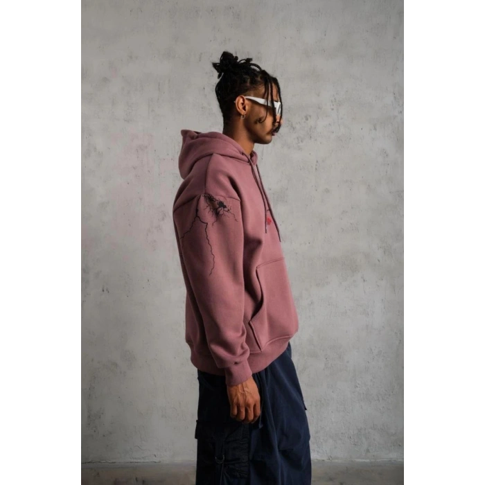 Erkek 3 İplik Pamuklu Kapüşonlu Baskılı Cepli Sweatshirt Hoodie - Gül Kurusu