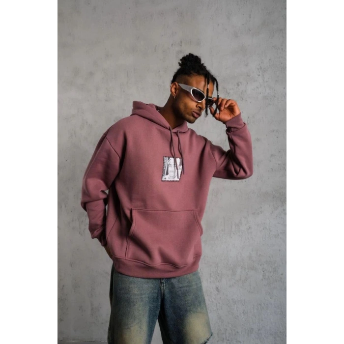 Erkek 3 İplik Pamuklu Kapüşonlu Baskılı Cepli Sweatshirt Hoodie - Gül Kurusu