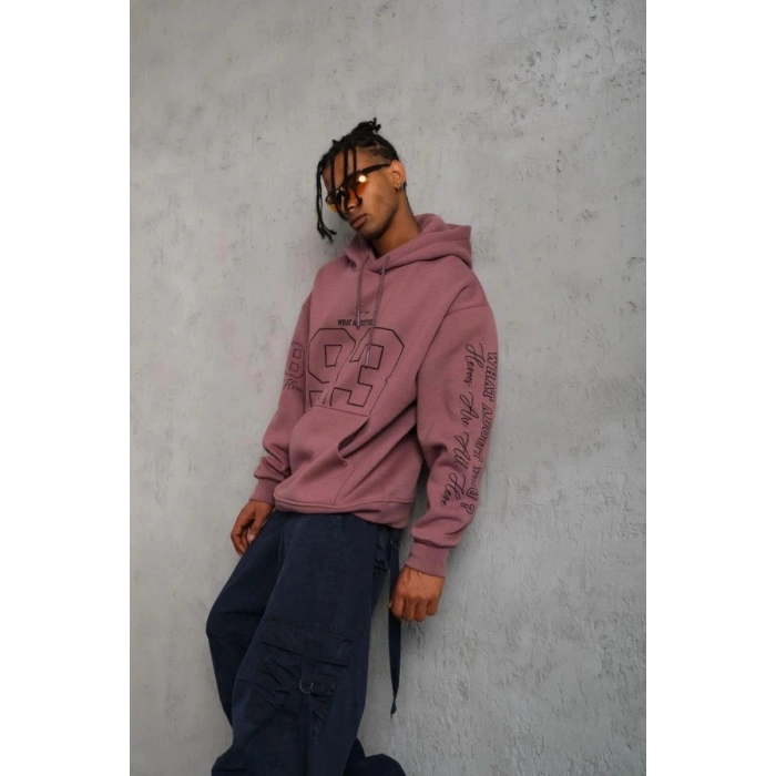 Erkek 3 İplik Pamuklu Kapüşonlu Baskılı Cepli Sweatshirt Hoodie - Gül Kurusu