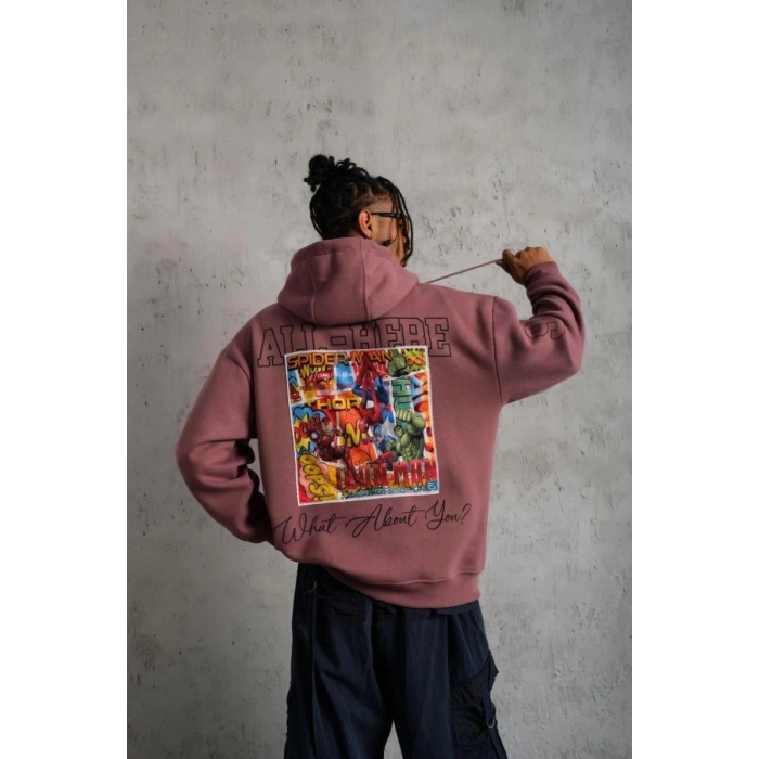Erkek 3 İplik Pamuklu Kapüşonlu Baskılı Cepli Sweatshirt Hoodie - Gül Kurusu