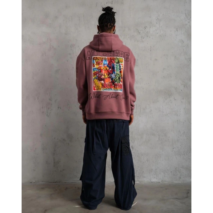 Erkek 3 İplik Pamuklu Kapüşonlu Baskılı Cepli Sweatshirt Hoodie - Gül Kurusu