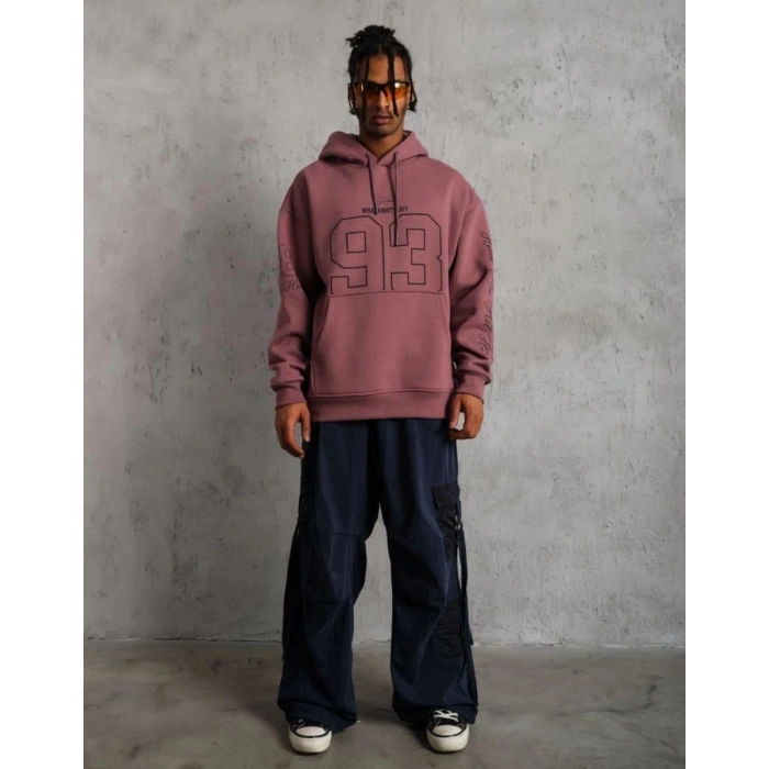 Erkek 3 İplik Pamuklu Kapüşonlu Baskılı Cepli Sweatshirt Hoodie - Gül Kurusu