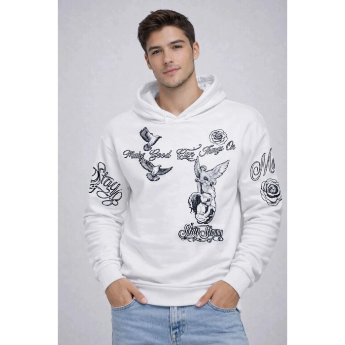 Erkek 3 İplik Pamuklu Kapüşonlu Baskılı SweatShirt hoodie - Beyaz