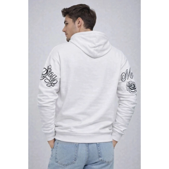 Erkek 3 İplik Pamuklu Kapüşonlu Baskılı SweatShirt hoodie - Beyaz