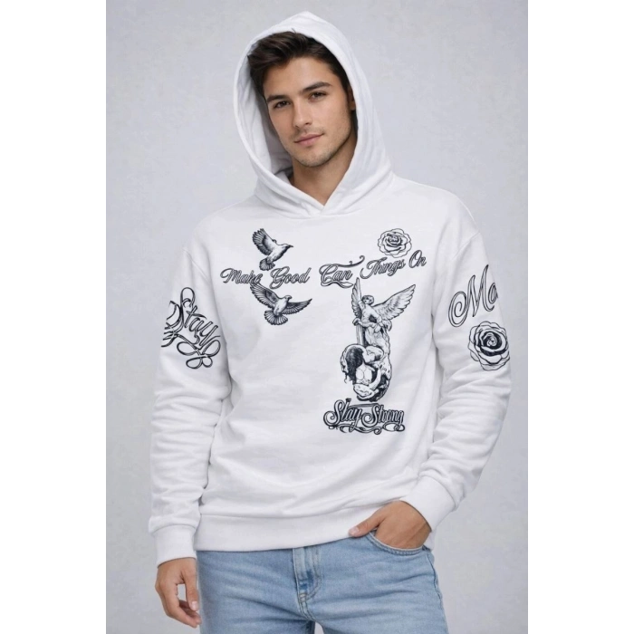 Erkek 3 İplik Pamuklu Kapüşonlu Baskılı SweatShirt hoodie - Beyaz
