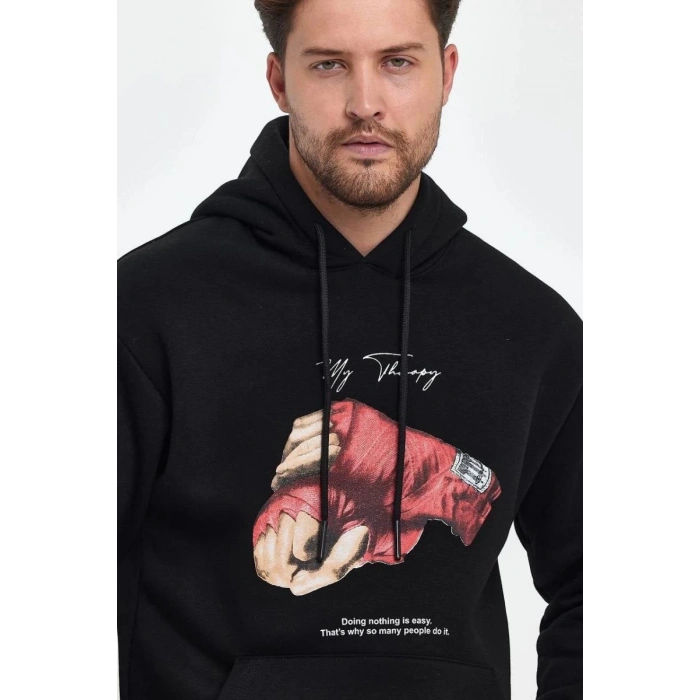 Erkek 3 İplik Pamuklu Kapüşonlu Cepli Boxy Eldiven Baskılı Hoodie Sweatshirt - Siyah