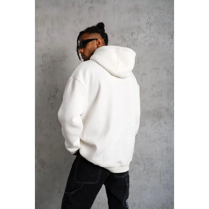 Erkek 3 İplik Pamuklu Kapüşonlu Cepli Düz Oversize Hoodie Sweatshirt - Beyaz