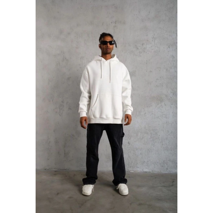Erkek 3 İplik Pamuklu Kapüşonlu Cepli Düz Oversize Hoodie Sweatshirt - Beyaz