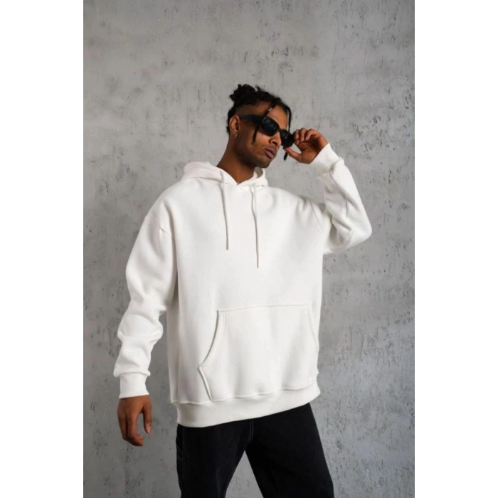 Erkek 3 İplik Pamuklu Kapüşonlu Cepli Düz Oversize Hoodie Sweatshirt - Beyaz
