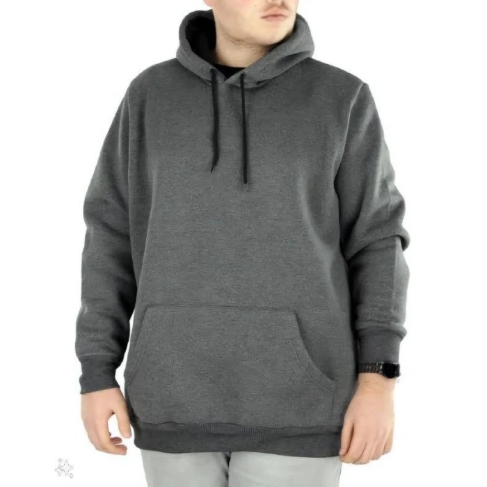 Erkek 3 İplik Pamuklu Kapüşonlu Cepli Oversize Hoodie Sweatshirt - Füme
