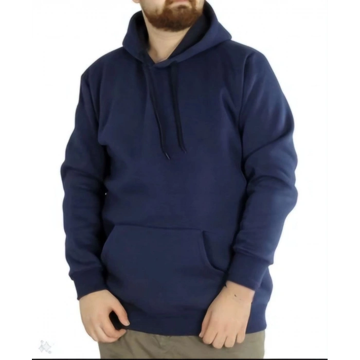 Erkek 3 İplik Pamuklu Kapüşonlu Cepli Oversize Hoodie Sweatshirt - Lacivert