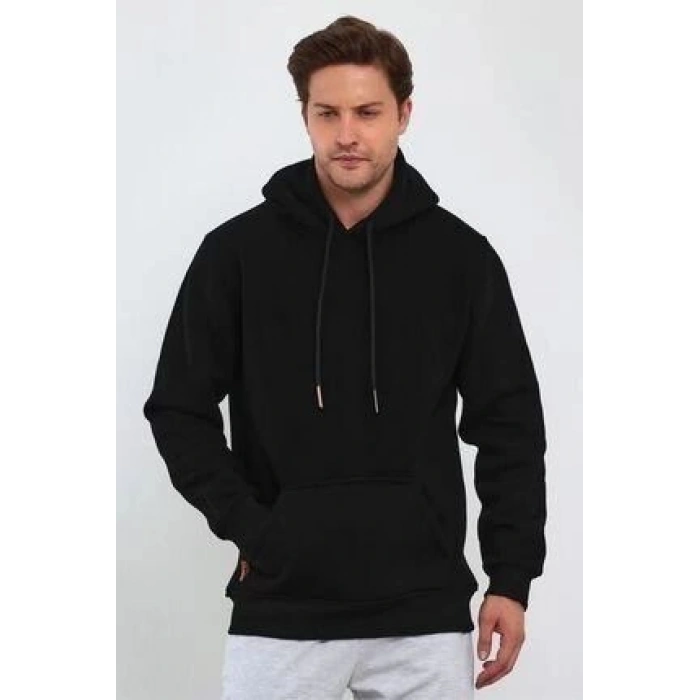 Erkek 3 İplik Pamuklu Kapüşonlu Cepli Oversize Hoodie Sweatshirt - Siyah