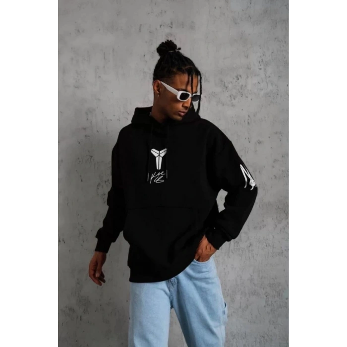 Erkek 3 İplik Pamuklu Kapüşonlu Kanguru Cepli Baskılı Oversize Hoodie Sweatshirt - Siyah