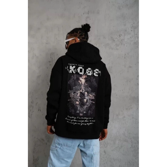Erkek 3 İplik Pamuklu Kapüşonlu Kanguru Cepli Baskılı Oversize Hoodie Sweatshirt - Siyah