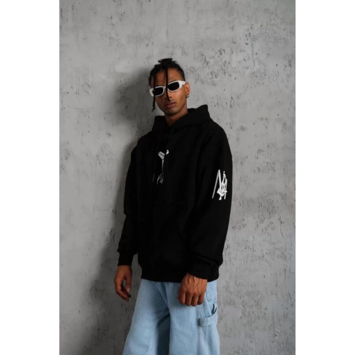 Erkek 3 İplik Pamuklu Kapüşonlu Kanguru Cepli Baskılı Oversize Hoodie Sweatshirt - Siyah