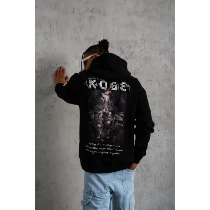Erkek 3 İplik Pamuklu Kapüşonlu Kanguru Cepli Baskılı Oversize Hoodie Sweatshirt - Siyah