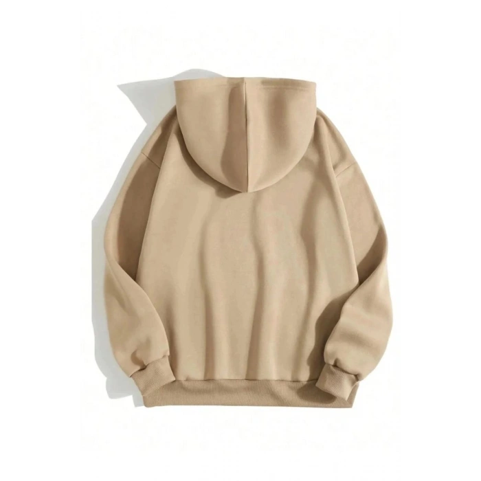 Erkek 3 İplik Pamuklu Kapüşonlu Kanguru Cepli Sweatshirt Hoodie -  Bej