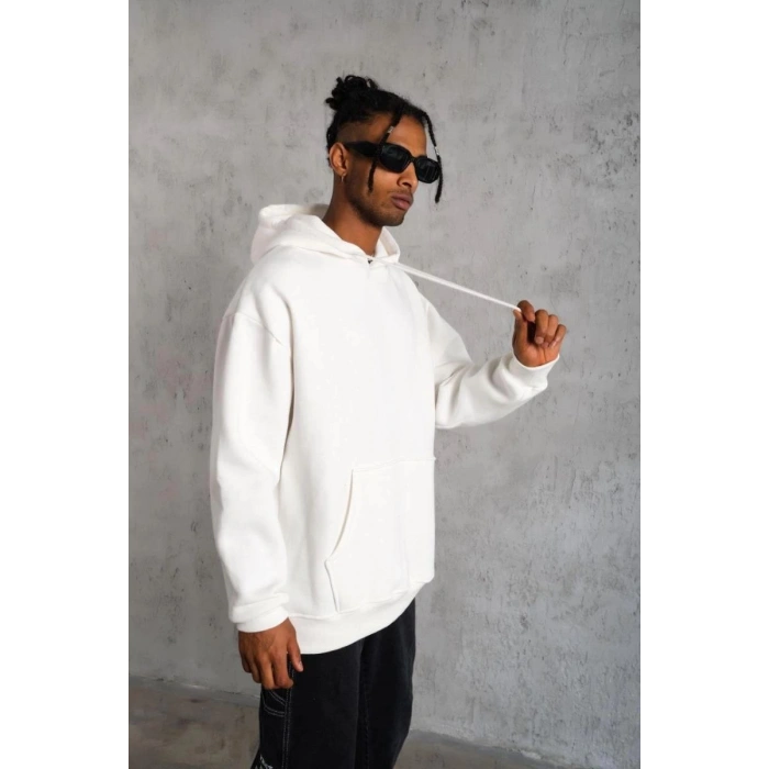 Erkek 3 İplik Pamuklu Kapüşonlu Kanguru Cepli Sweatshirt Hoodie - Beyaz