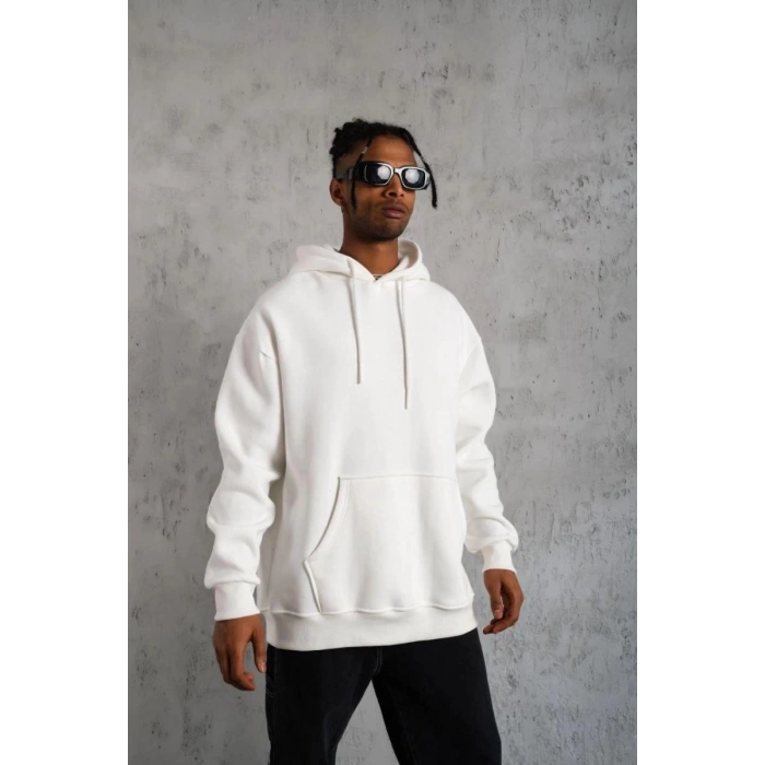 Erkek 3 İplik Pamuklu Kapüşonlu Kanguru Cepli Sweatshirt Hoodie - Beyaz