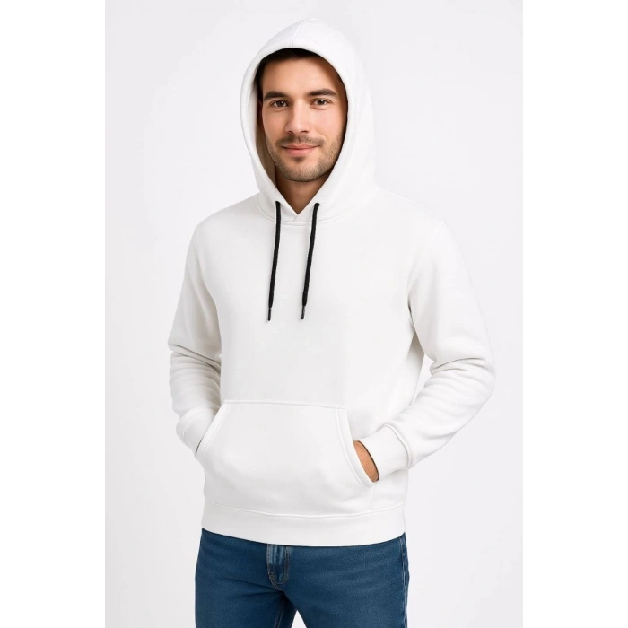 Erkek 3 İplik Pamuklu Kapüşonlu Kanguru Cepli SweatShirt hoodie - Beyaz