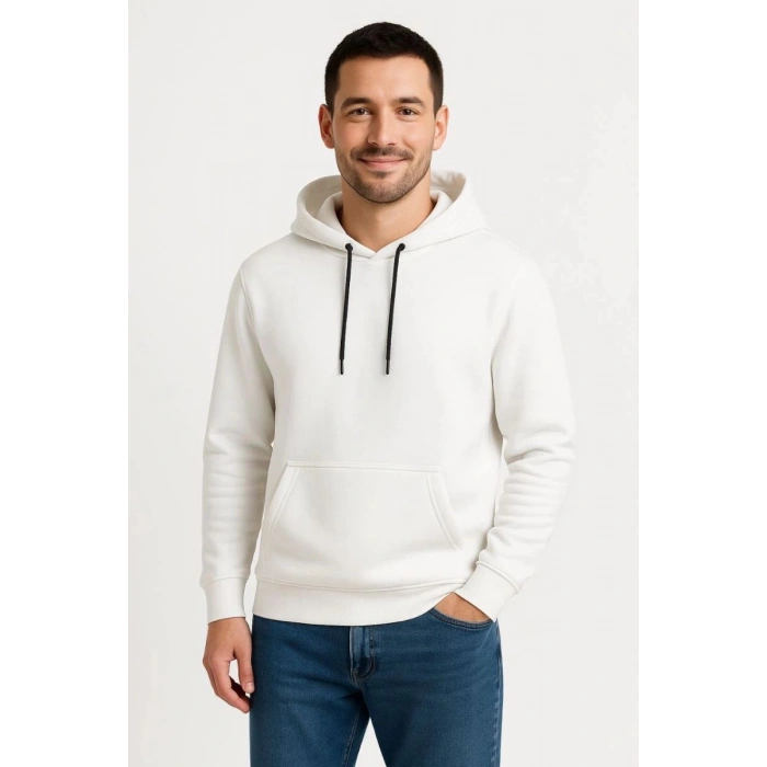 Erkek 3 İplik Pamuklu Kapüşonlu Kanguru Cepli SweatShirt hoodie - Beyaz