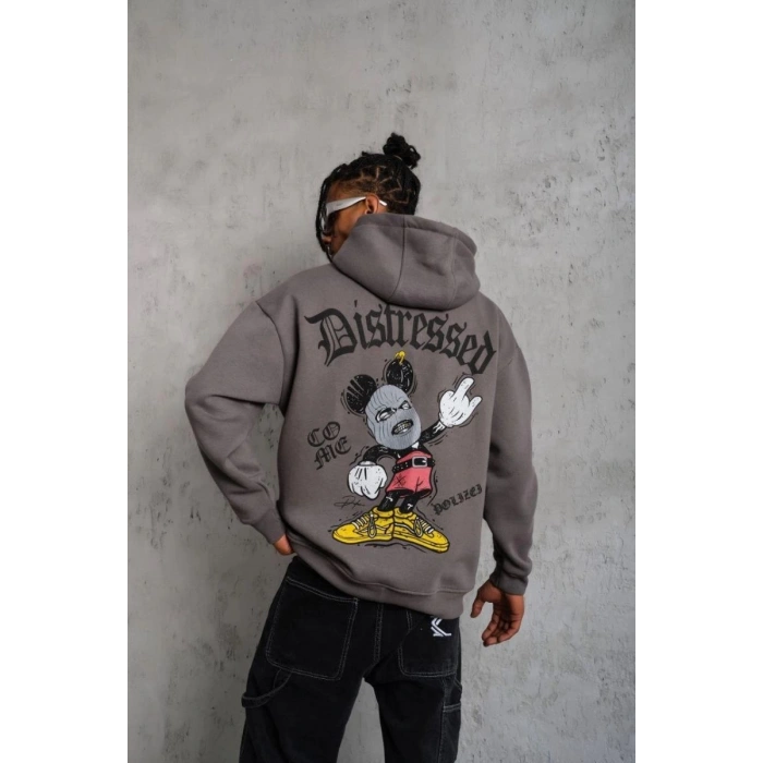 Erkek 3 İplik Pamuklu Kapüşonlu Kanguru Cepli Sweatshirt Hoodie -  Gri