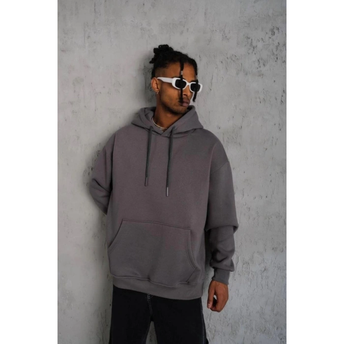 Erkek 3 İplik Pamuklu Kapüşonlu Kanguru Cepli Sweatshirt Hoodie - Gri