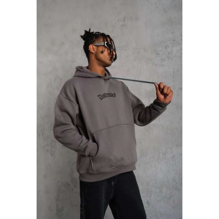 Erkek 3 İplik Pamuklu Kapüşonlu Kanguru Cepli Sweatshirt Hoodie -  Gri