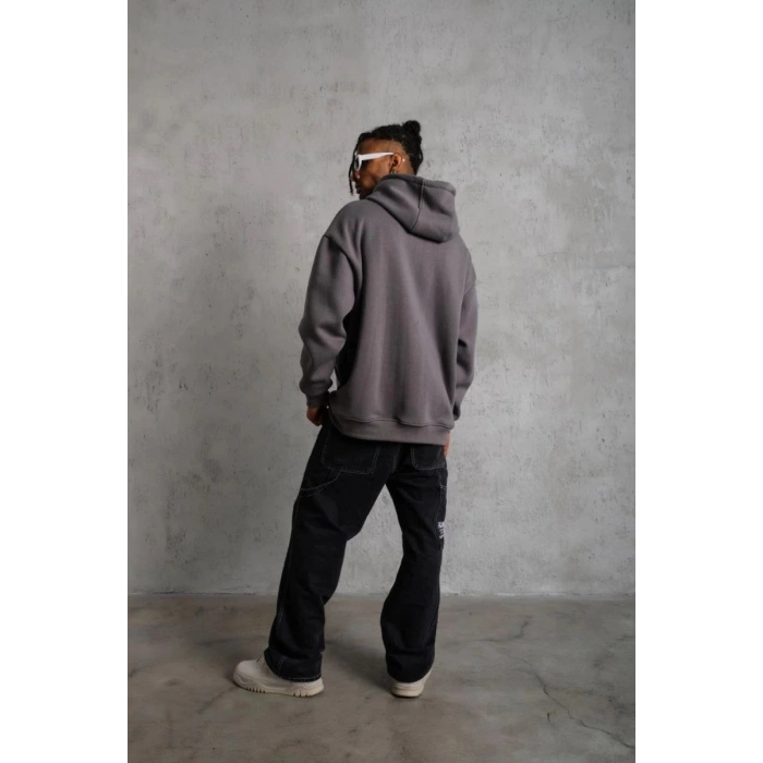 Erkek 3 İplik Pamuklu Kapüşonlu Kanguru Cepli Sweatshirt Hoodie - Gri
