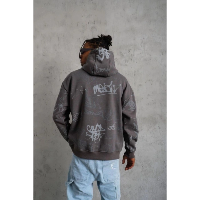 Erkek 3 İplik Pamuklu Kapüşonlu Kanguru Cepli Sweatshirt Hoodie -  Gri