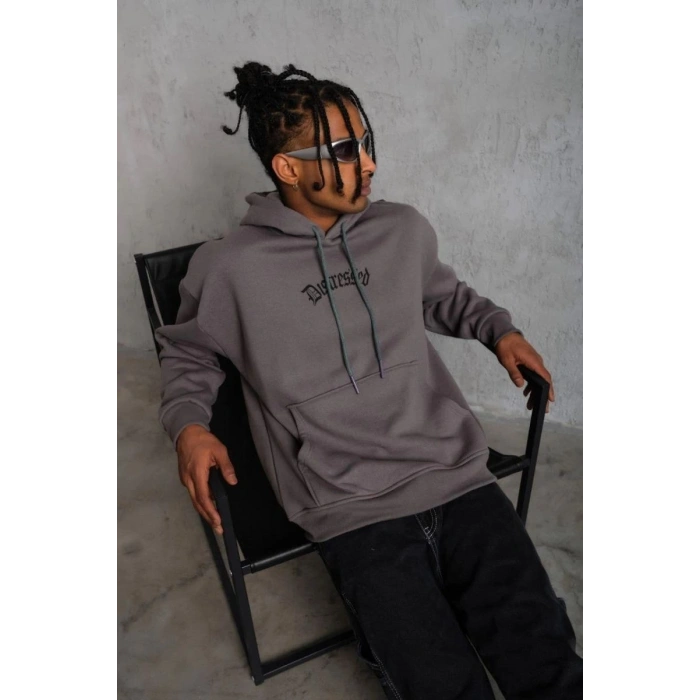Erkek 3 İplik Pamuklu Kapüşonlu Kanguru Cepli Sweatshirt Hoodie -  Gri