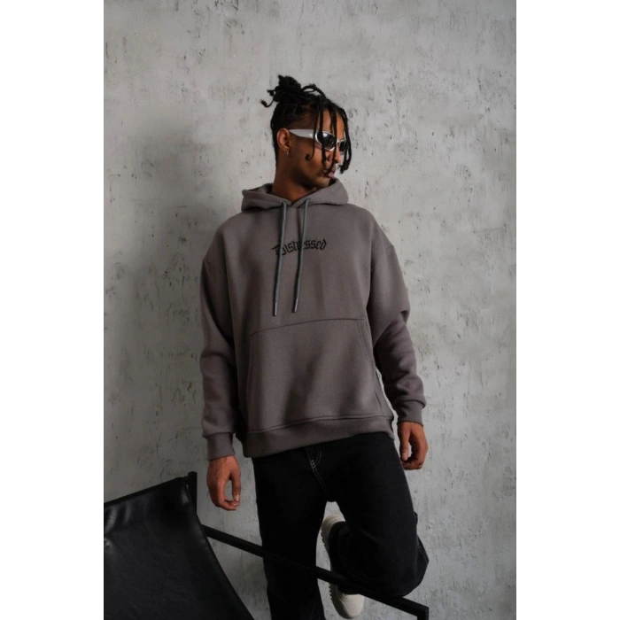 Erkek 3 İplik Pamuklu Kapüşonlu Kanguru Cepli Sweatshirt Hoodie -  Gri