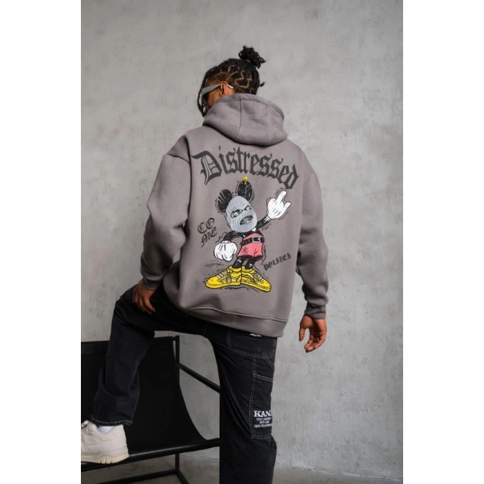 Erkek 3 İplik Pamuklu Kapüşonlu Kanguru Cepli Sweatshirt Hoodie -  Gri