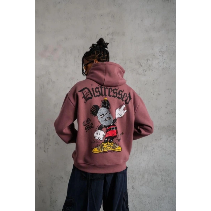 Erkek 3 İplik Pamuklu Kapüşonlu Kanguru Cepli Sweatshirt Hoodie - Gül Kurusu