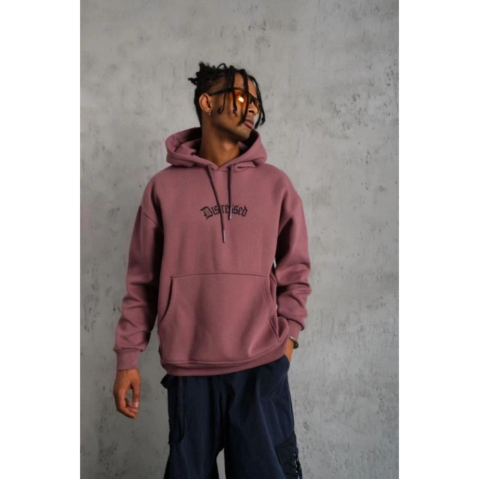 Erkek 3 İplik Pamuklu Kapüşonlu Kanguru Cepli Sweatshirt Hoodie - Gül Kurusu