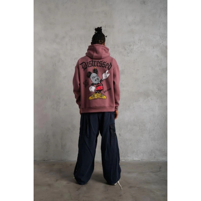 Erkek 3 İplik Pamuklu Kapüşonlu Kanguru Cepli Sweatshirt Hoodie - Gül Kurusu