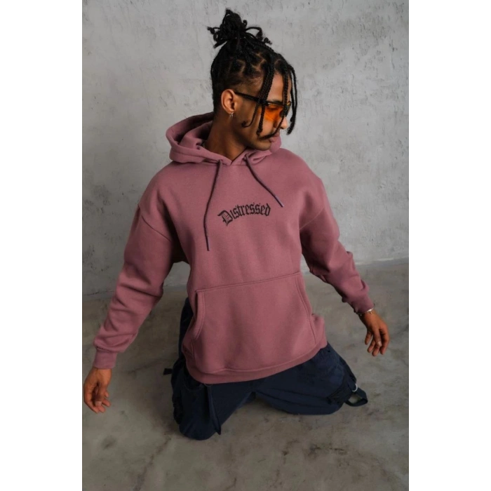Erkek 3 İplik Pamuklu Kapüşonlu Kanguru Cepli Sweatshirt Hoodie - Gül Kurusu
