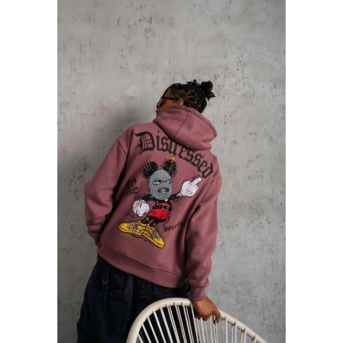 Erkek 3 İplik Pamuklu Kapüşonlu Kanguru Cepli Sweatshirt Hoodie - Gül Kurusu