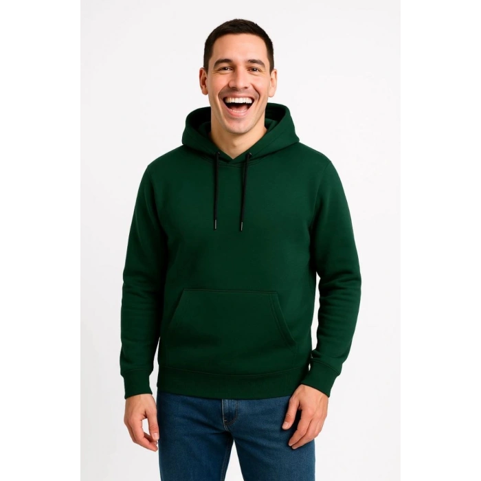 Erkek 3 İplik Pamuklu Kapüşonlu Kanguru Cepli SweatShirt hoodie - Haki
