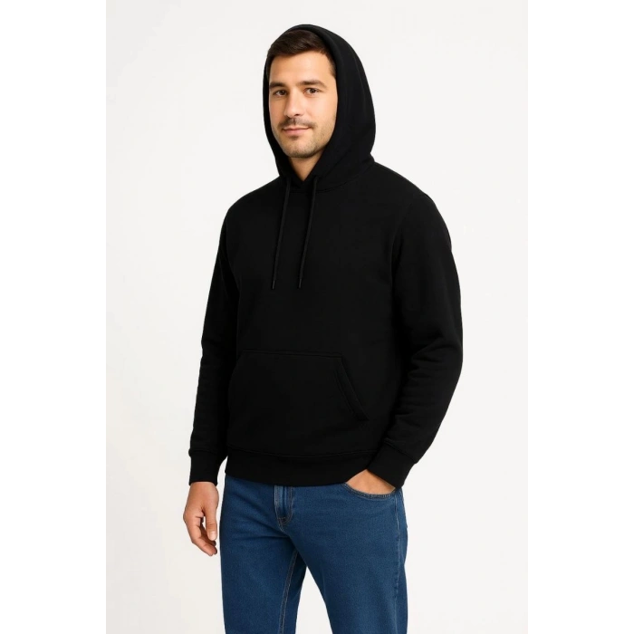 Erkek 3 İplik Pamuklu Kapüşonlu Kanguru Cepli SweatShirt hoodie - Siyah