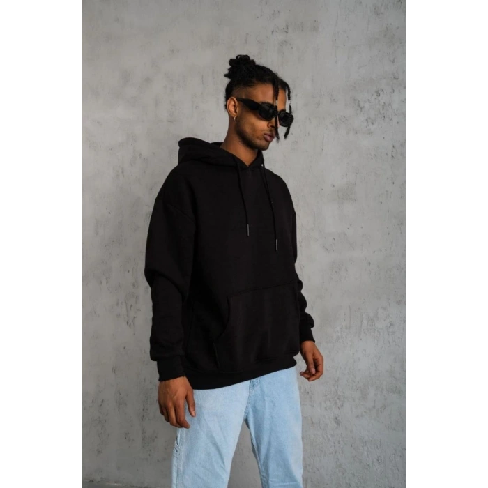 Erkek 3 İplik Pamuklu Kapüşonlu Kanguru Cepli Sweatshirt Hoodie -  Siyah